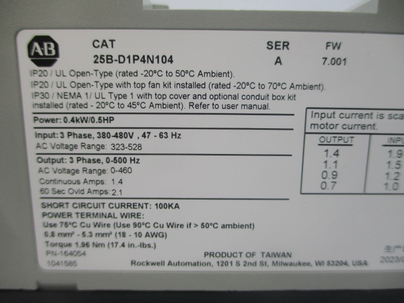 ALLEN BRADLEY 25B-D1P4N104 SER. A F/W 7.001 323-528VAC 1.0-1.9A NSMP
