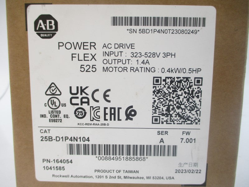 ALLEN BRADLEY 25B-D1P4N104 SER. A F/W 7.001 323-528VAC 1.0-1.9A NSMP