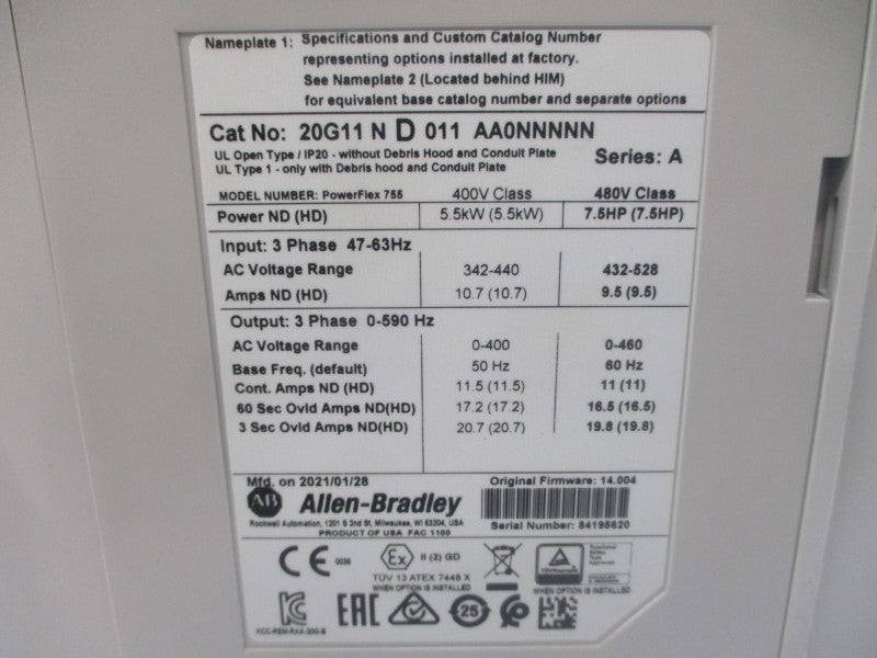 ALLEN BRADLEY 20G11ND011AA0NNNNN SER. A F/W 14.004 480VAC 9.5A NSMP