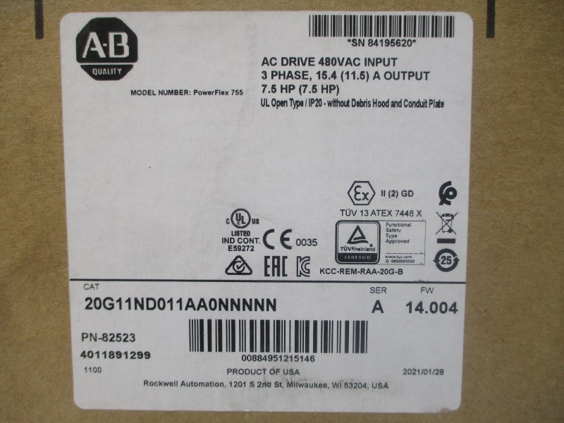 ALLEN BRADLEY 20G11ND011AA0NNNNN SER. A F/W 14.004 480VAC 9.5A NSMP