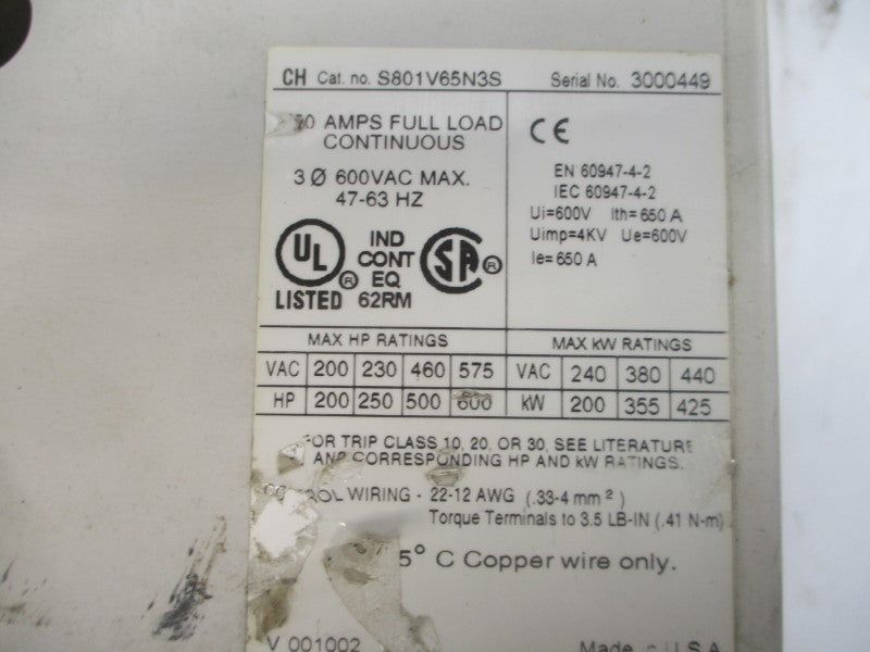 CUTLER HAMMER S801V65N3S 93EA10025C0001C 24VDC 60A (AS PICTURED) UNMP