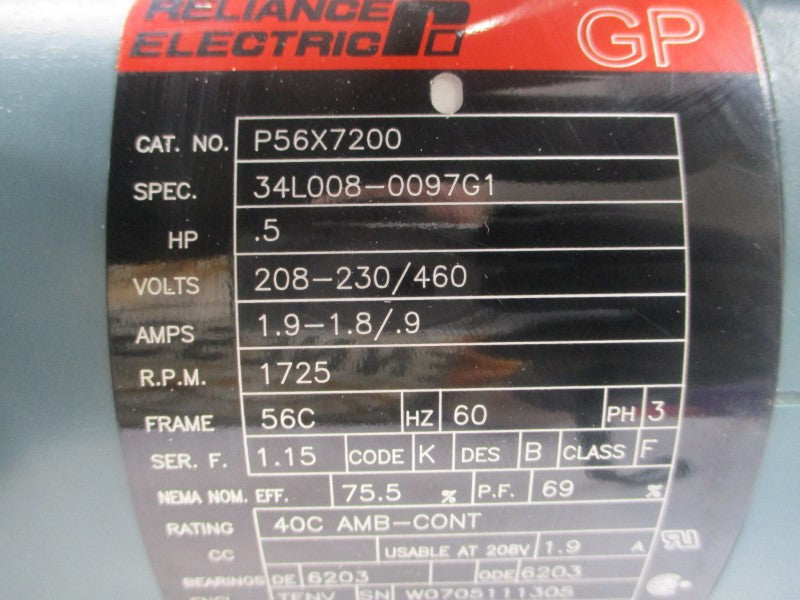RELIANCE ELECTRIC P56X7200 34L008-0097G1 208-230/460V 1.9-1.8/.9A NSNP