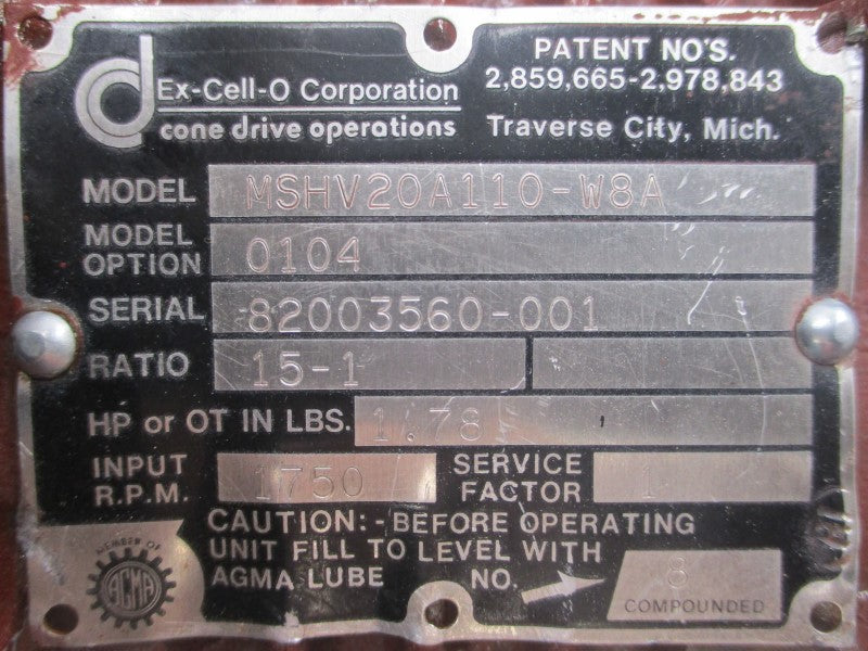 CONE DRIVE MSHV20A110-W8A UNMP