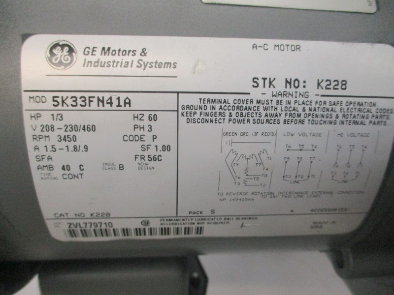 GENERAL ELECTRIC 5K33FN41A 36A173048AA 208-230/460VAC 1.5-1.8/.9A NSNP
