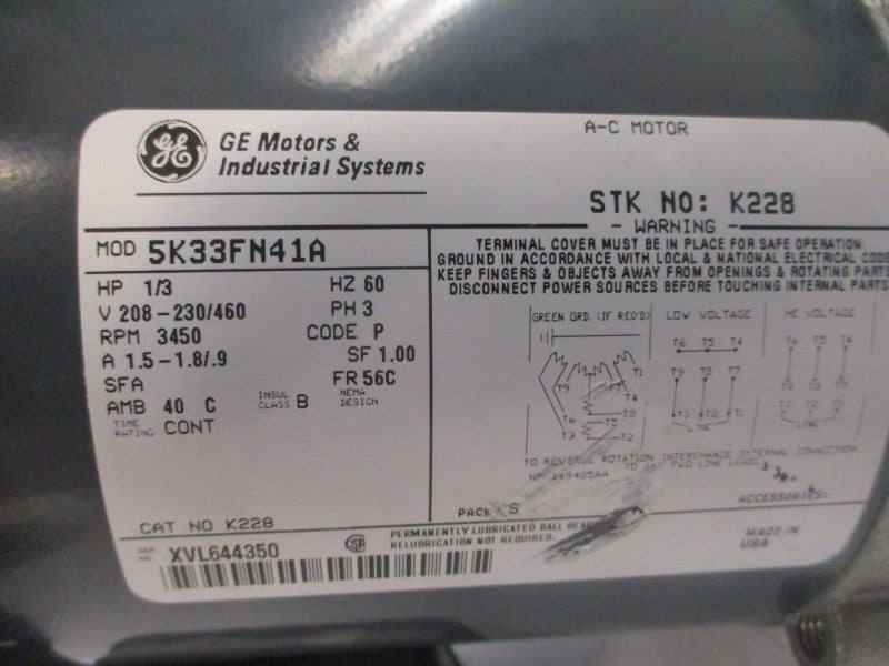 GENERAL ELECTRIC 5K33FN41A 208-230/460V 1.5-1.8/.9A NSNP