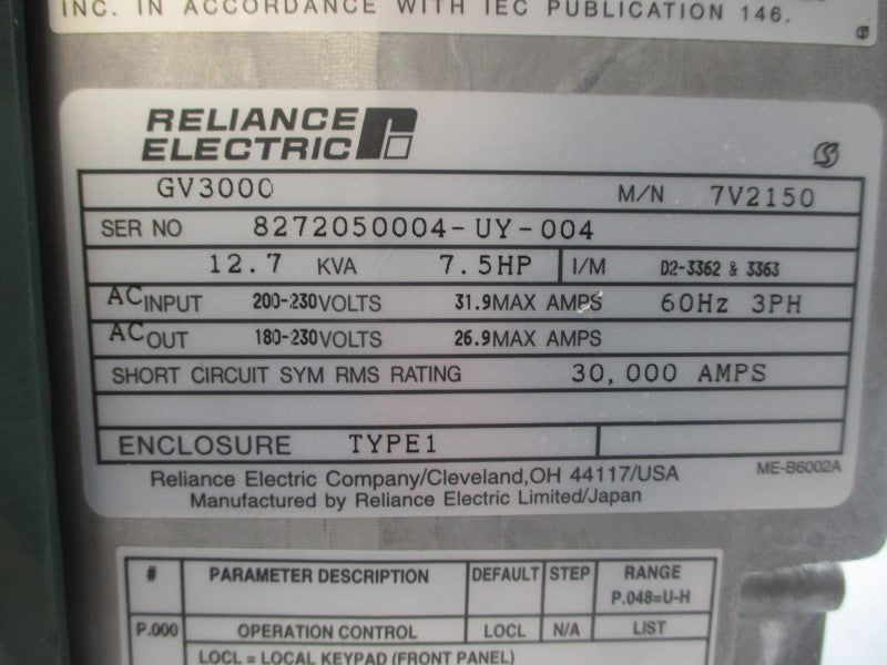 RELIANCE ELECTRIC GV3000 7V2150 200-230VAC 31.9A REV. 0.3 UNMP