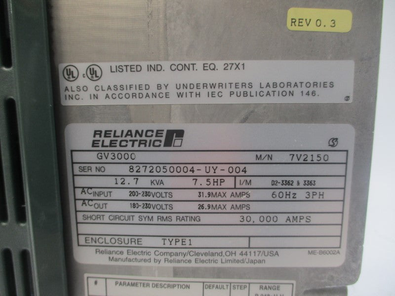 RELIANCE ELECTRIC GV3000 7V2150 200-230VAC 31.9A REV. 0.3 UNMP
