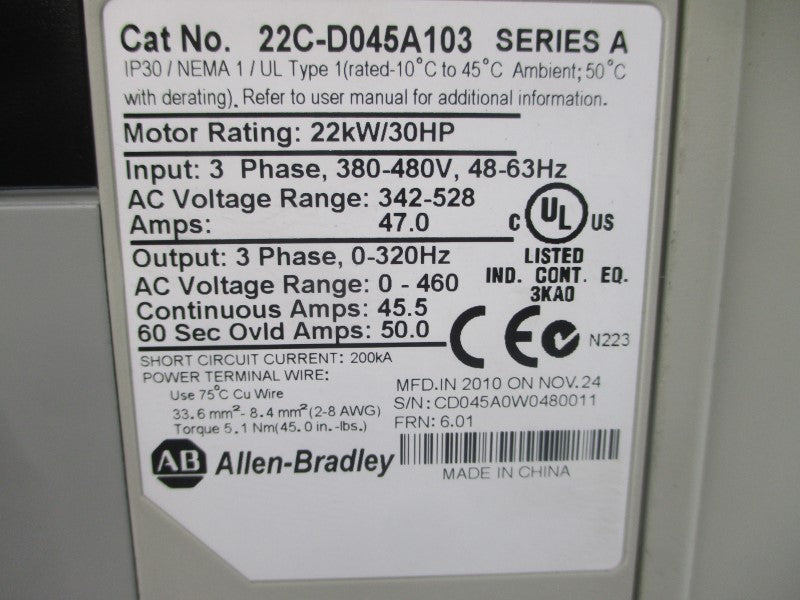 ALLEN BRADLEY 22C-D045A103 SER. A F/W 6.01 380-480VAC 47.0A NSNP