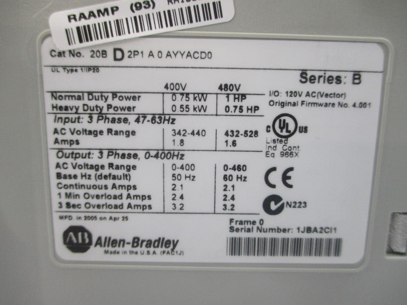 ALLEN BRADLEY 20BD2P1A0AYYACD0 SER. B F/W 4.001 432-528VAC 3.2A NSNP