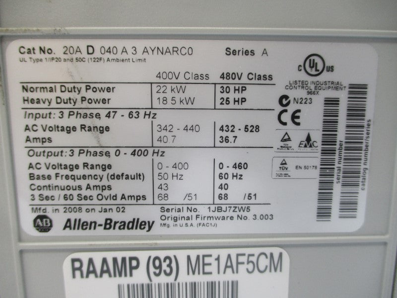 ALLEN BRADLEY 20AD040A3AYNARC0 SER. A F/W 3.003 432-528VAC 68A NSNP
