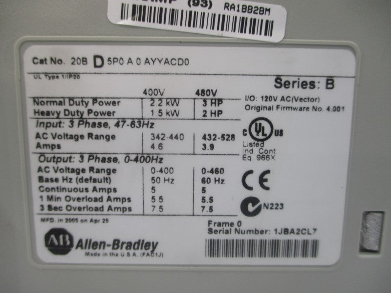 ALLEN BRADLEY 20BD5P0A0AYYACD0 SER. B F/W 4.001 432-528VAC 7.5A NSNP