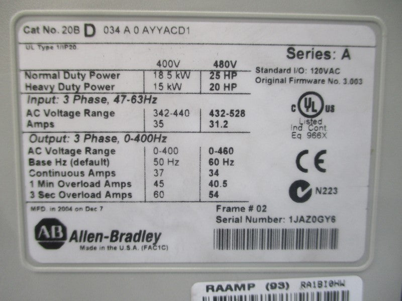 ALLEN BRADLEY 20BD034A0AYYACD1 SER. A F/W 3.003 432-528VAC 60A NSNP