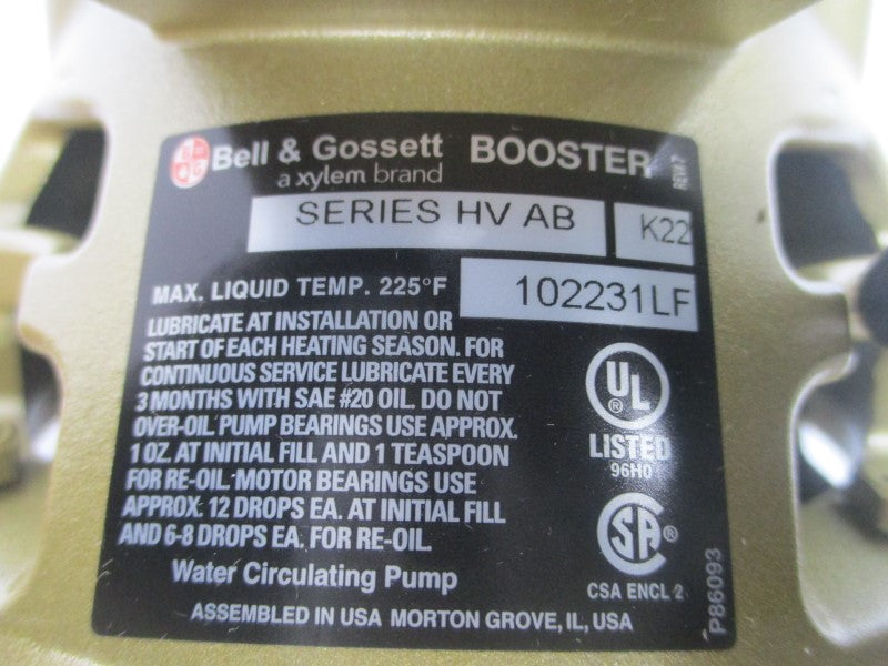 BELL & GOSSETT 102213LF W02213LF 115V 1.9A NSMP