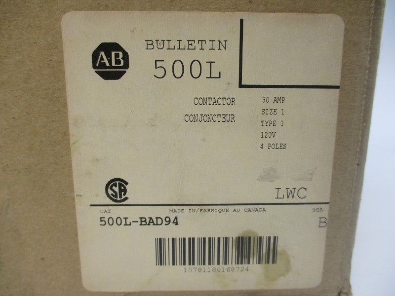 ALLEN BRADLEY 500L-BAD94 SER. B 110/115-120V 30A (BR/WH) NSMP