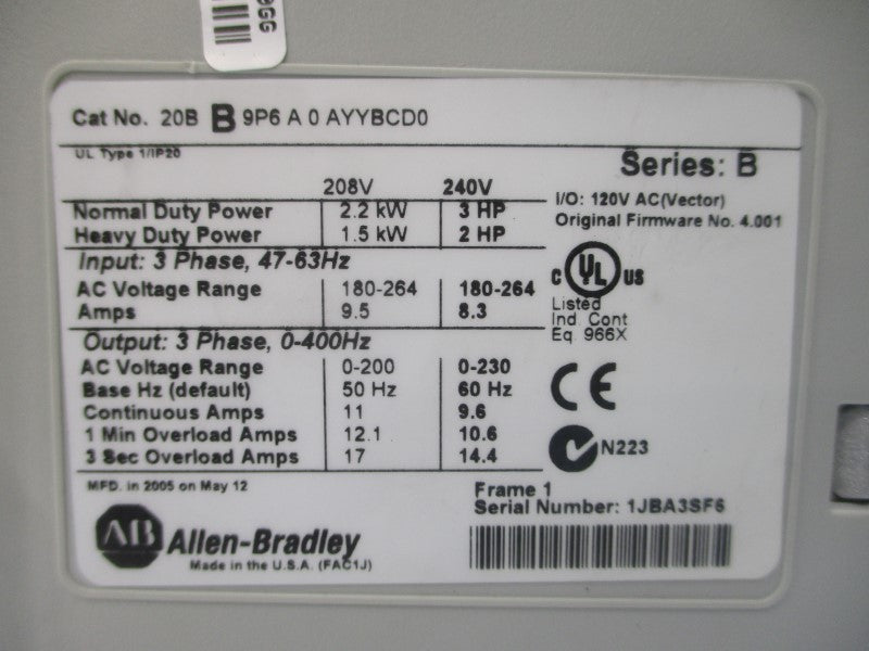 ALLEN BRADLEY 20BB9P6A0AYYBCD0 SER. B F/W 4.001 180-264VAC 17A NSNP