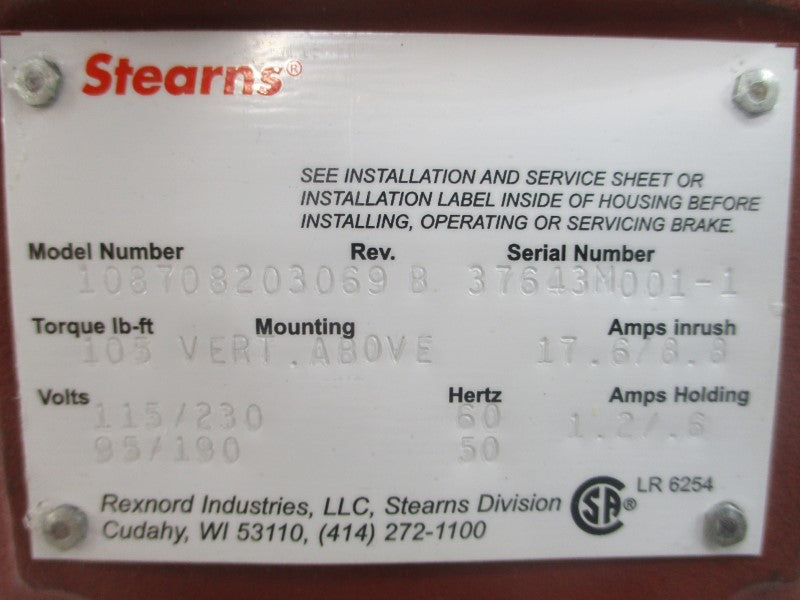 STEARNS 108708203069 115/230V 17.6/8.8A REV. B NSNP