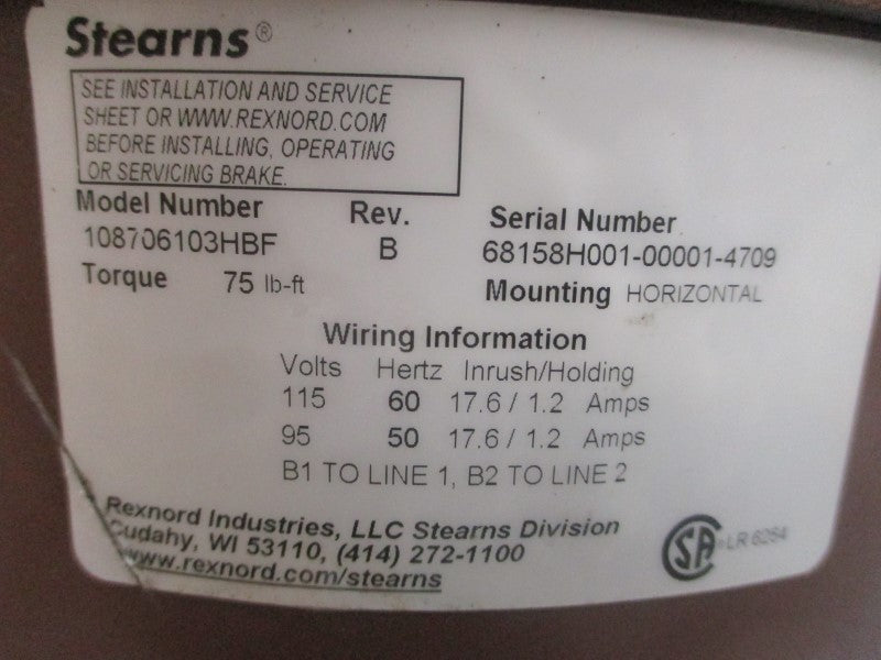 STEARNS 108706103HBF 95/115V 17.6/1.2A REV. B NSNP