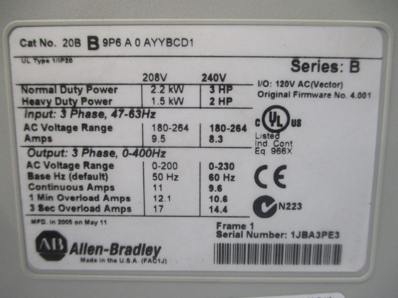 ALLEN BRADLEY 20BB9P6A0AYYBCD1 SER. B F/W 4.001 180-264VAC 17A NSNP