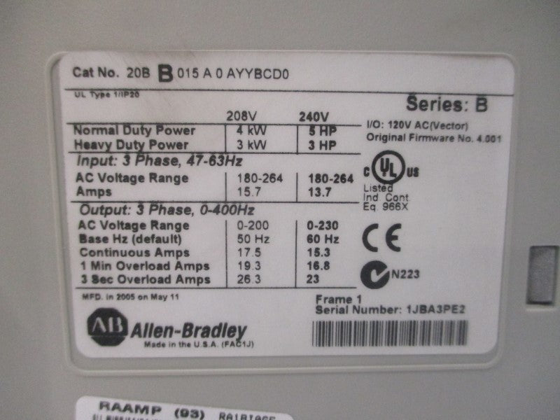 ALLEN BRADLEY 20BB015A0AYYBCD0 SER. B F/W 4.001 180-264VAC 26.3A NSNP