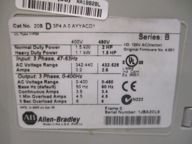 ALLEN BRADLEY 20BD3P4A0AYYACD1 SER. B F/W 4.001 432-528VAC 6A NSNP