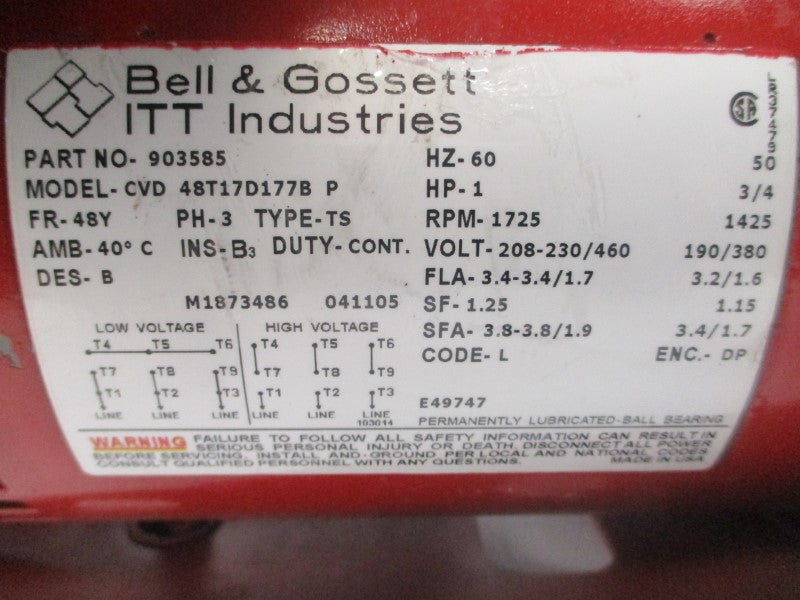 BELL & GOSSETT 903585 48T17D177B 208-230/460V 3.4-3.4/1.7A NSNP