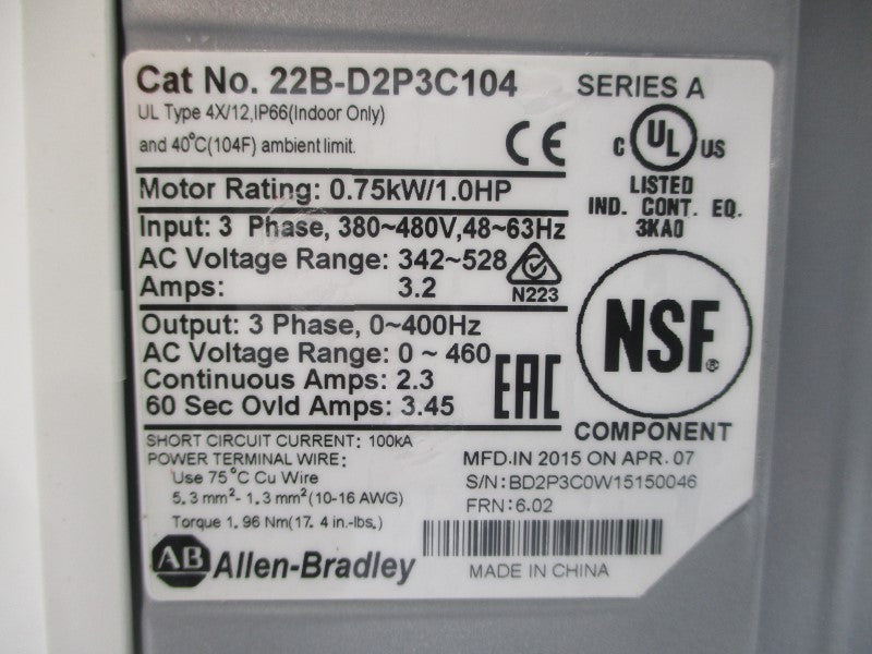 ALLEN BRADLEY 22B-D2P3C104 SER. A F/W 6.02 342-528VAC 3.2A NSNP