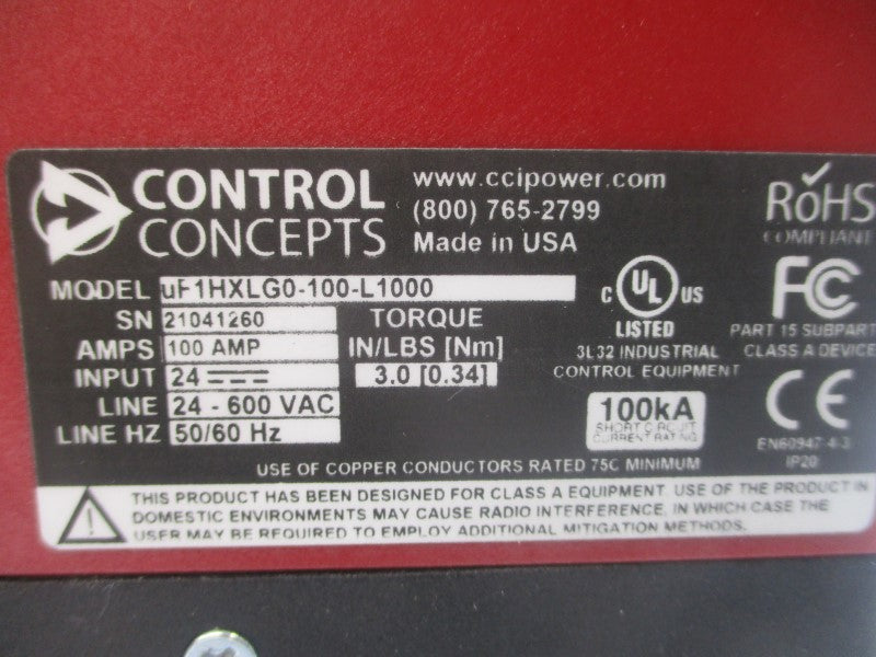 CONTROL CONCEPTS UF1HXLG0-100-L1000 24-600VAC 100A NSNP