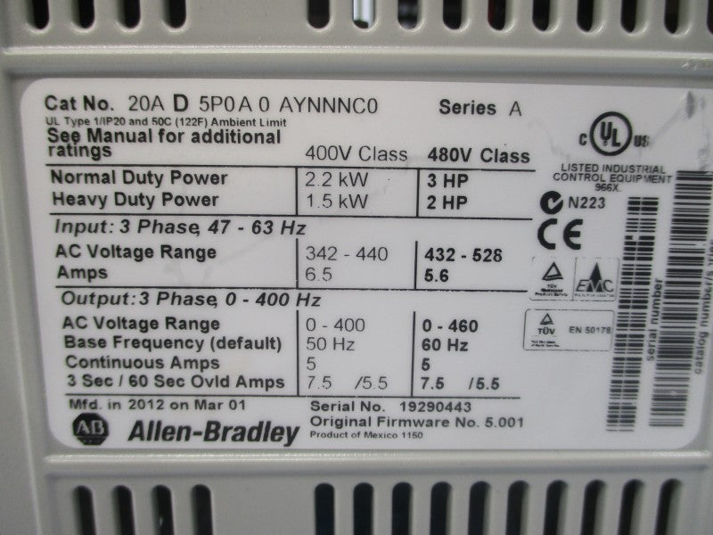 ALLEN BRADLEY 20AD5P0A0AYNNNC0 SER. A 432-528VAC 7.5A NSNP