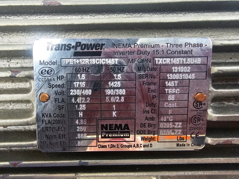 TRANSPOWER TPE1+12R18CIC145T 230/460V 4.4/2.2A NSNP