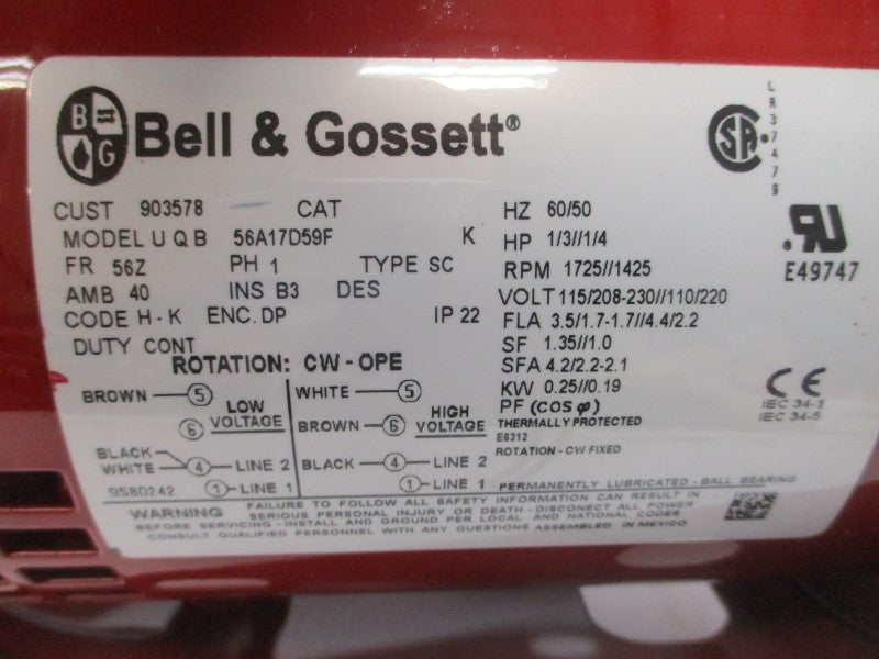 BELL & GOSSETT 1EF017LF 56A17D59F 115/208-230//110/220V 3.5/1.7-1.7//4.4/2.2A 1.25X5.25" NSNP