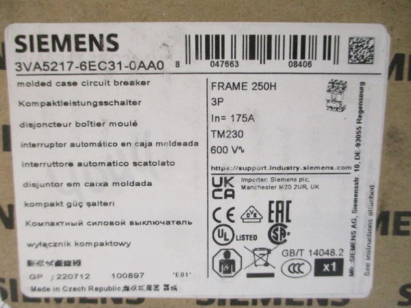 SIEMENS 3VA5217-6EC31-0AA0 600V 175A NSMP