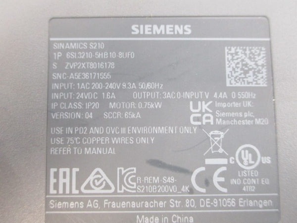 SIEMENS 6SL3210-5HB10-8UF0 200-240VAC 9.3A UNMP
