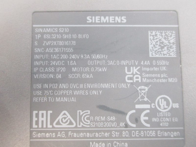 SIEMENS 6SL3210-5HB10-8UF0 200-240VAC 9.3A UNMP