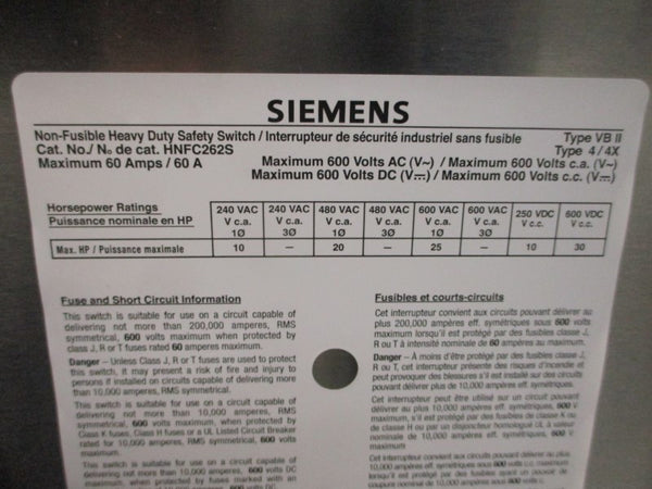 SIEMENS HNFC262S 600VAC/DC 60A NSMP