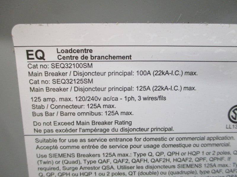 SIEMENS SEQ32100SM 120/240VAC 100A NSMP