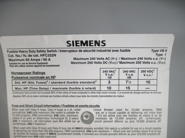 SIEMENS HFC322N 240VAC 60A NSMP