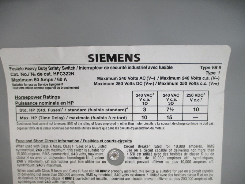 SIEMENS HFC322N 240VAC 60A NSMP