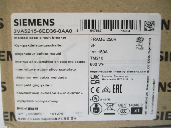 SIEMENS 3VA5215-6ED36-0AA0 600V 150A NSMP
