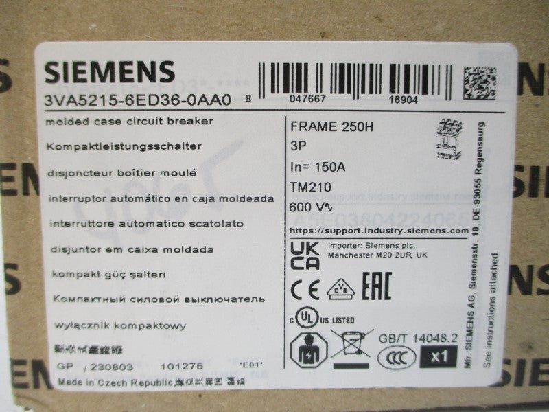 SIEMENS 3VA5215-6ED36-0AA0 600V 150A NSMP