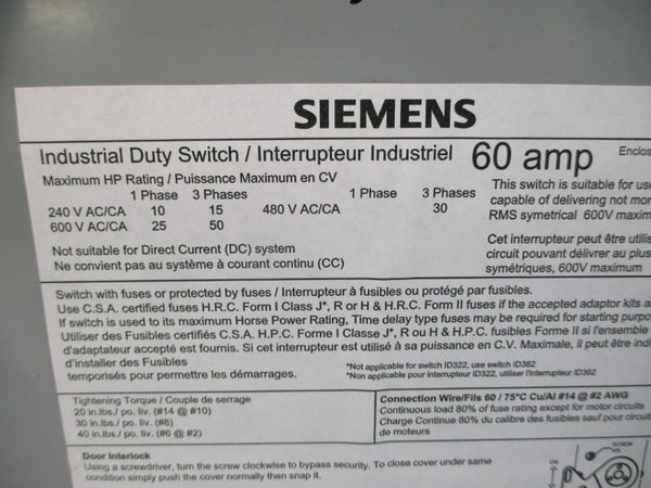 SIEMENS ID362 600V 60A NSNP