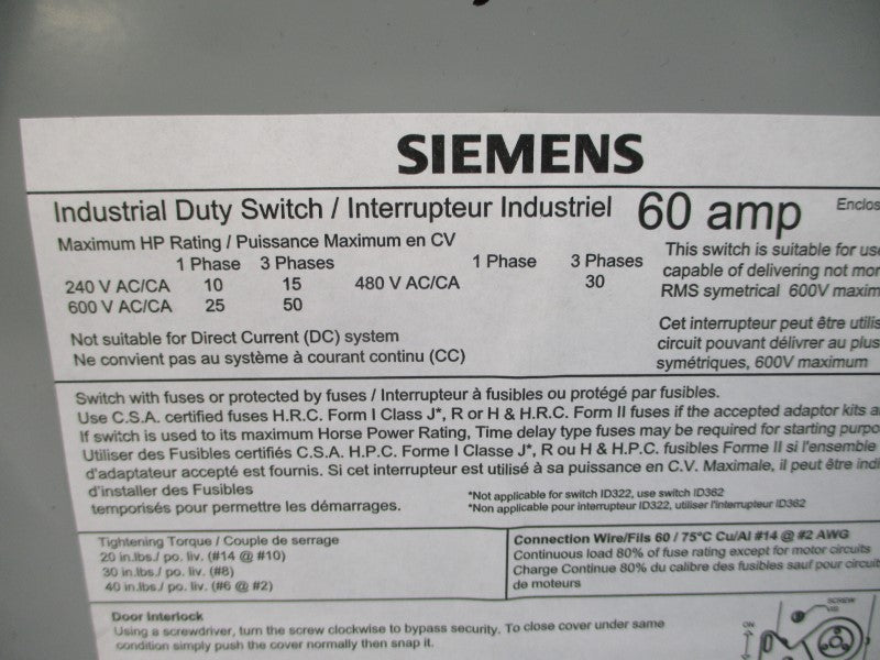 SIEMENS ID362 600V 60A NSNP