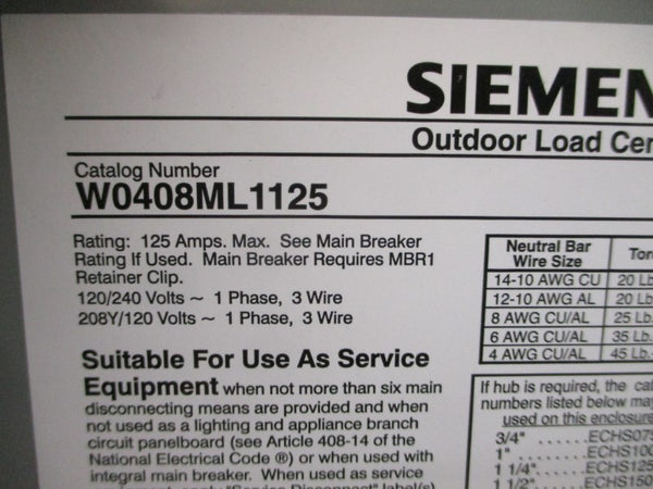 SIEMENS W0408ML1125 120/240V 125A NSNP