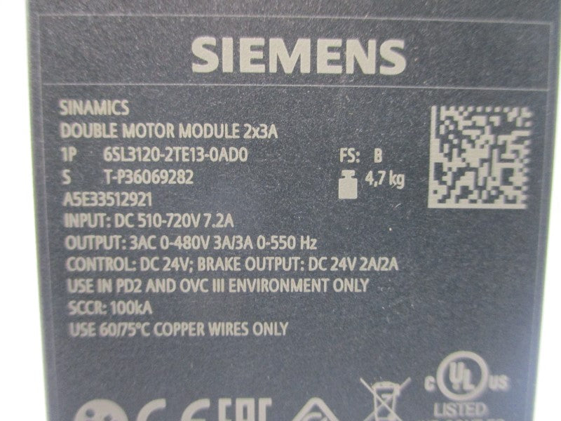 SIEMENS 6SL3120-2TE13-0AD0 510-720VDC 7.2A NSMP