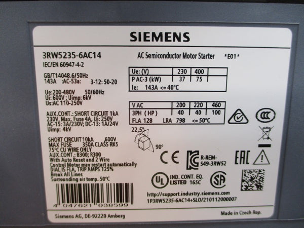SIEMENS 3RW5235-6AC14 200-480V 143A NSMP