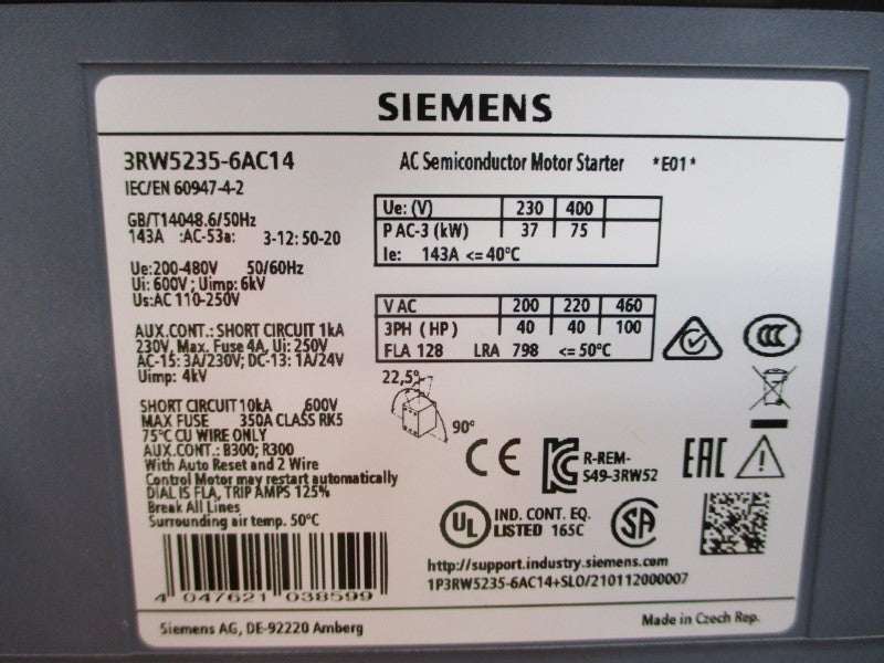 SIEMENS 3RW5235-6AC14 200-480V 143A NSMP