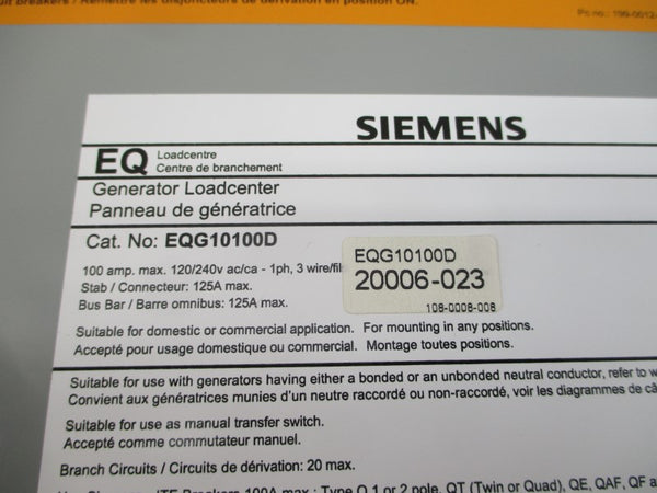 SIEMENS EQG10100D 120/240V 100A (AS PICTURED) NSMP
