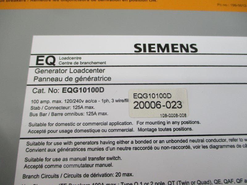 SIEMENS EQG10100D 120/240V 100A (AS PICTURED) NSMP
