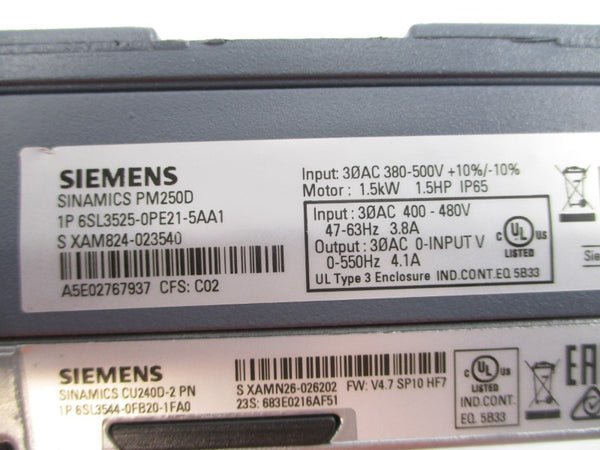 SIEMENS 6SL3525-0PE21-5AA1 380-500VAC 3.8/4.1A UNMP