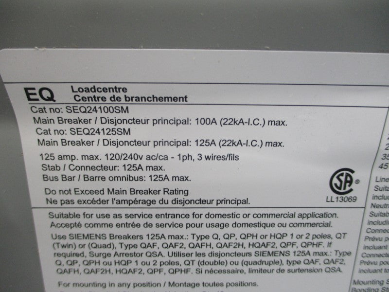 SIEMENS SEQ24100SM 120/240VAC 125A (AS PICTURED) NSNP