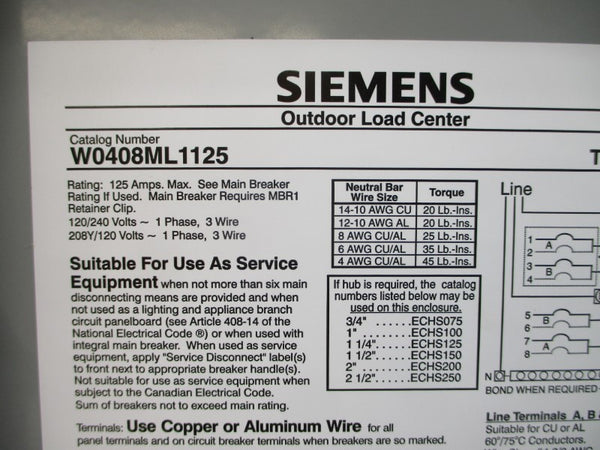 SIEMENS W0408ML1125 120/240V 125A NSNP
